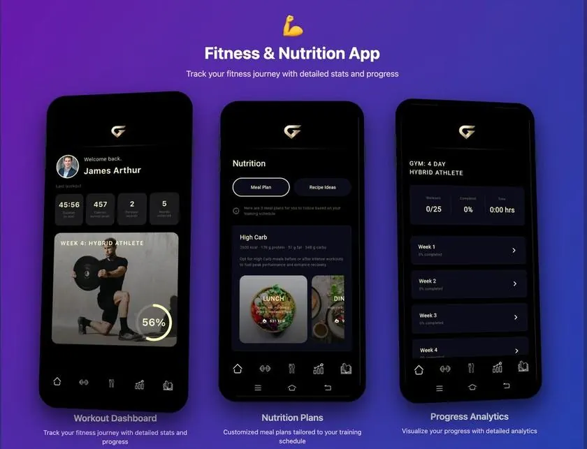 Fitness and nutrition tracking app screens